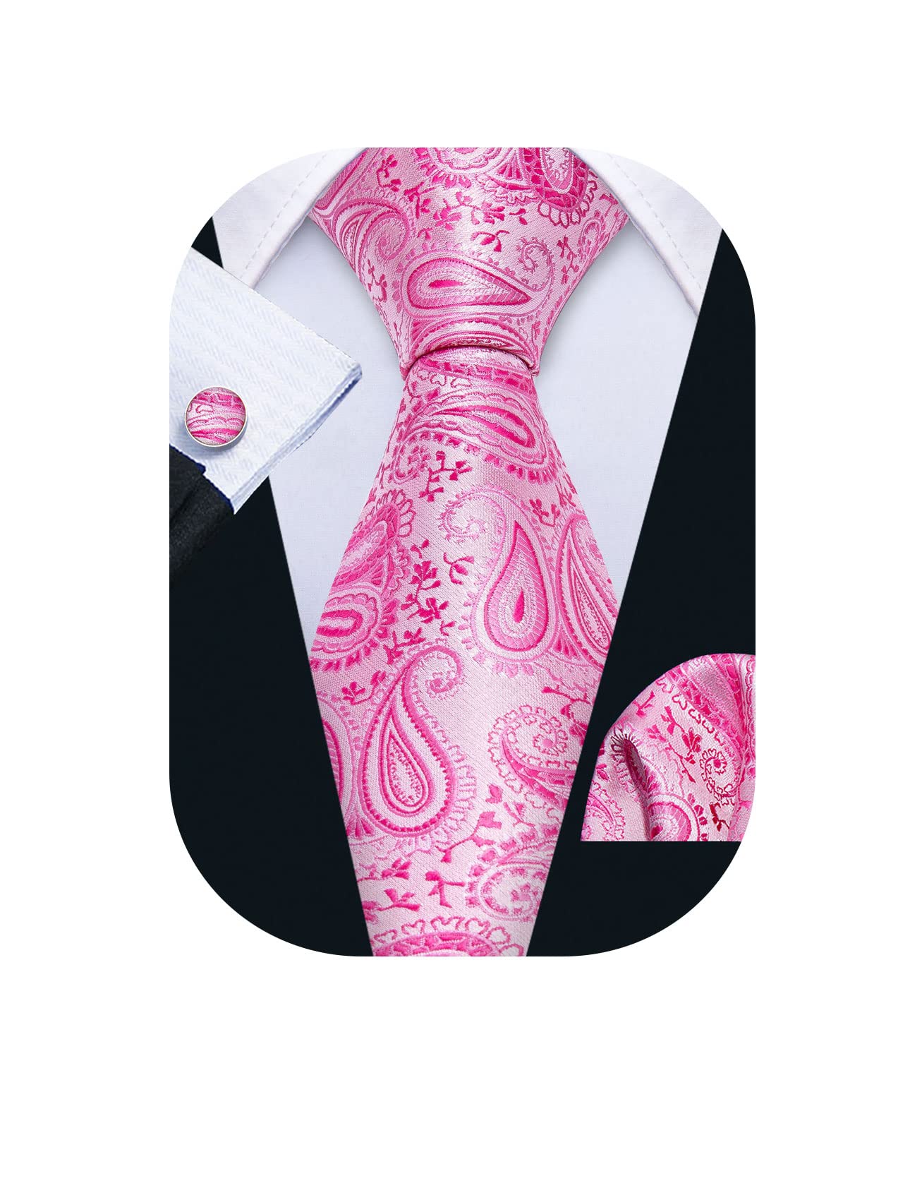 Barry.Wang Paisley Tie Fashion Set Hanky Cufflinks Neckties for Men Woven Silk Pink