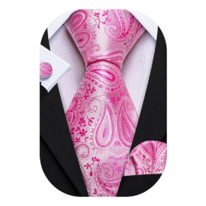 Barry.Wang Paisley Tie Fashion Set Hanky Cufflinks Neckties for Men Woven Silk Pink