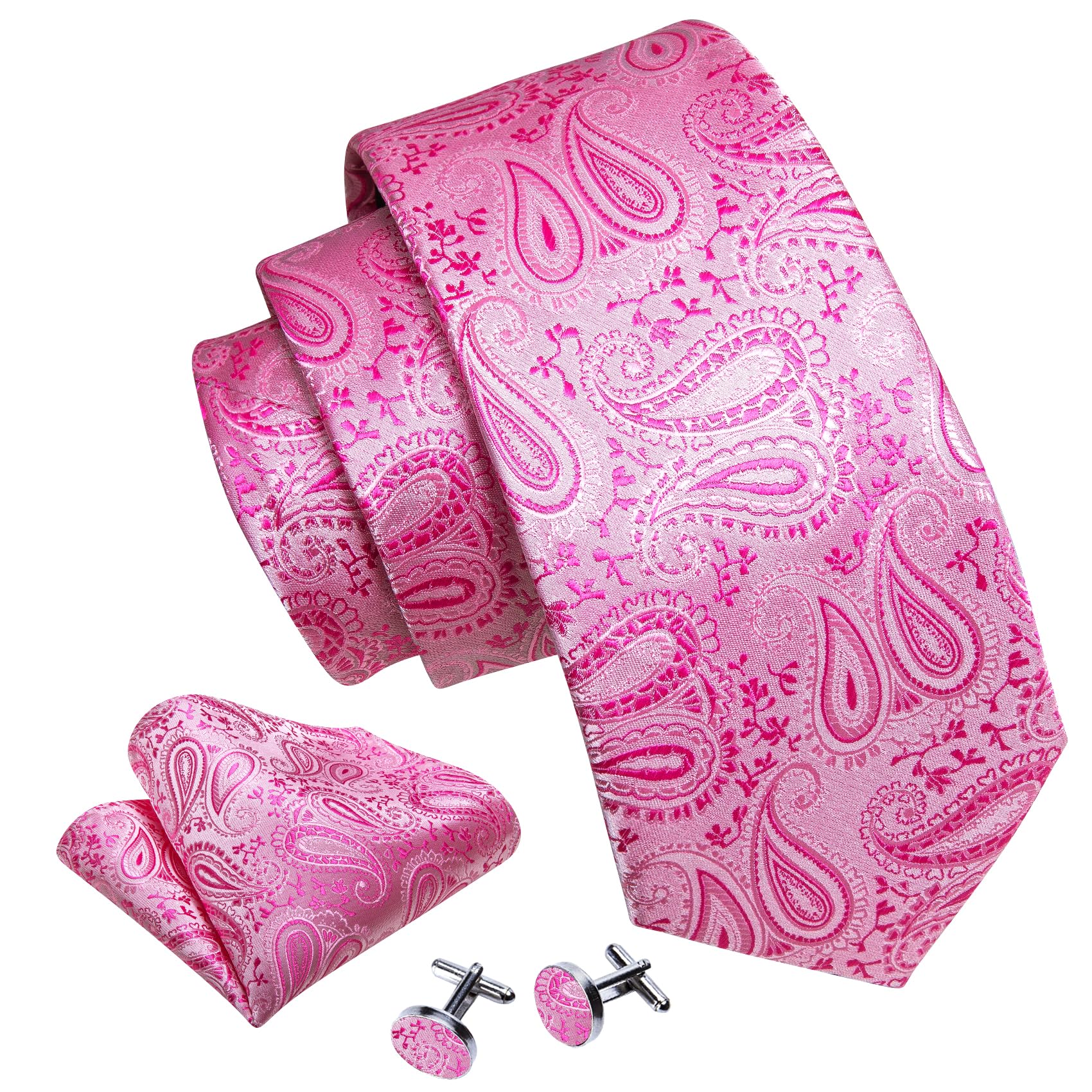 Barry.Wang Paisley Tie Fashion Set Hanky Cufflinks Neckties for Men Woven Silk Pink