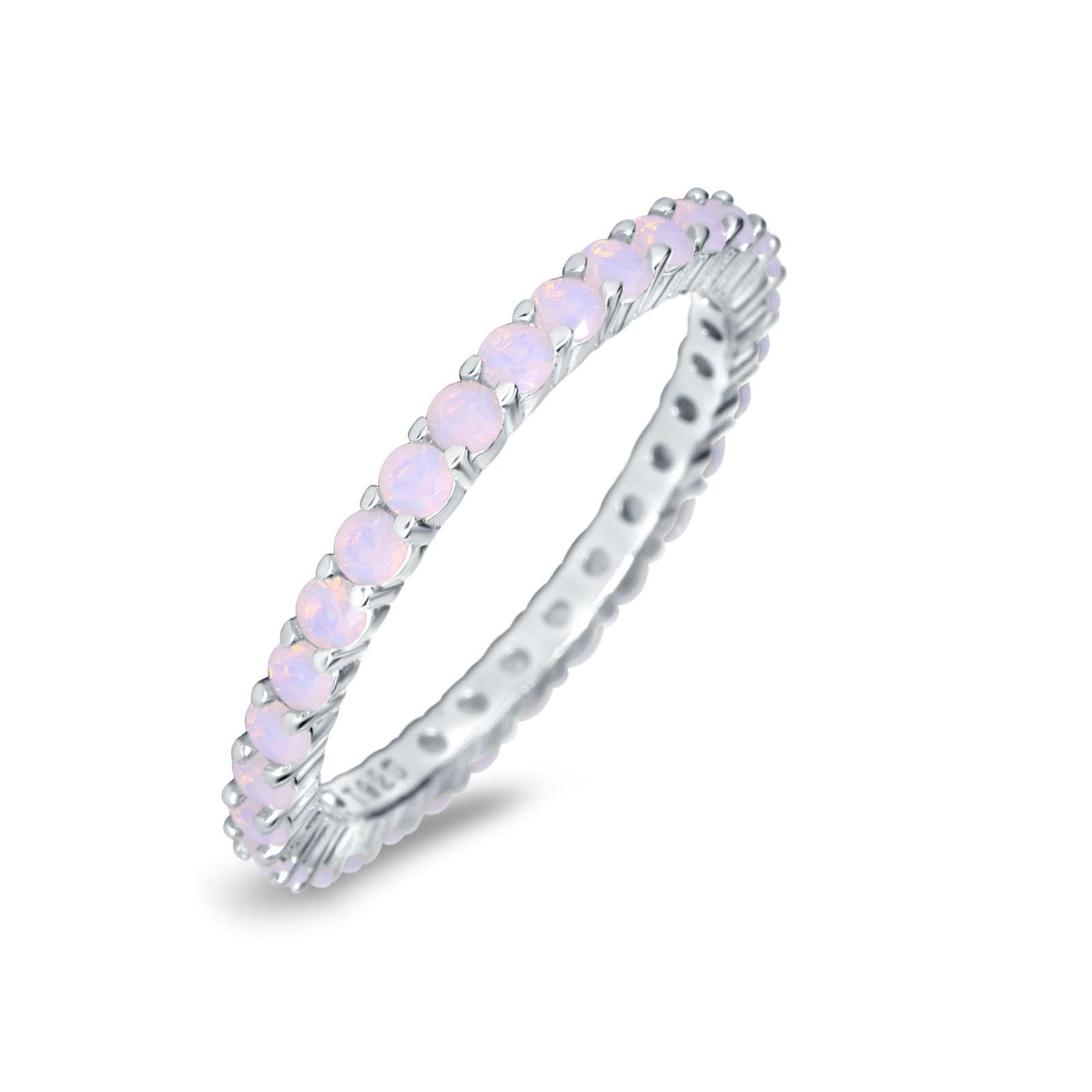 2mm Full Eternity Stackable Engagement Band Ring Round Lab Created White Opal 925 Sterling Silver, Size-8