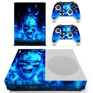 UUShop Protective Vinyl Skin Stickers for Microsoft Xbox One S with Two Free Wireless Controller Decals Blue Flame Fire Skull