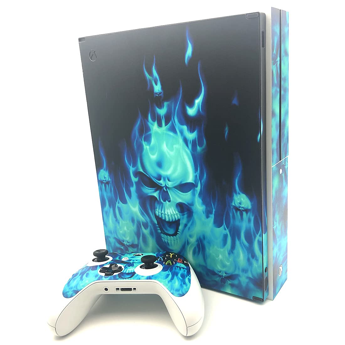 UUShop Protective Vinyl Skin Stickers for Microsoft Xbox One S with Two Free Wireless Controller Decals Blue Flame Fire Skull