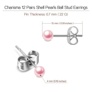 Charisma 4mm Composite Pearl Earrings Round Ball Pearls Stud Earrings Hypoallergenic 12 Pairs Mixed Color Imitation Pearl Earrings Set for Women