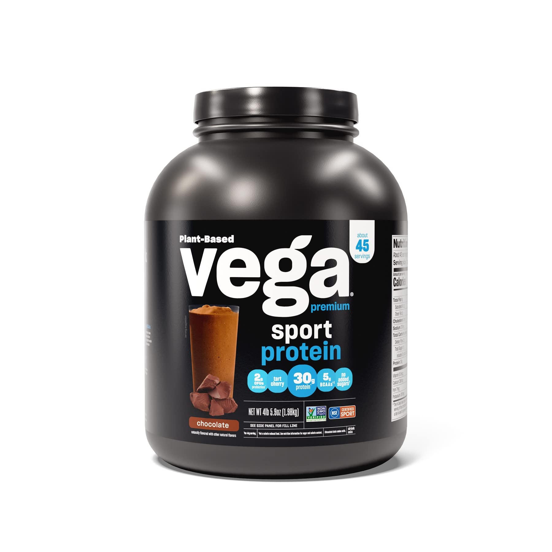 Vega Sport Premium Vegan Protein Powder Chocolate(45 Servings) 30g Plant Based Protein,5g BCAAs,Dairy Free,Gluten Free,Non GMO,Pea Protein for Women and Men,4lbs 5.9Oz(Packaging May Vary)