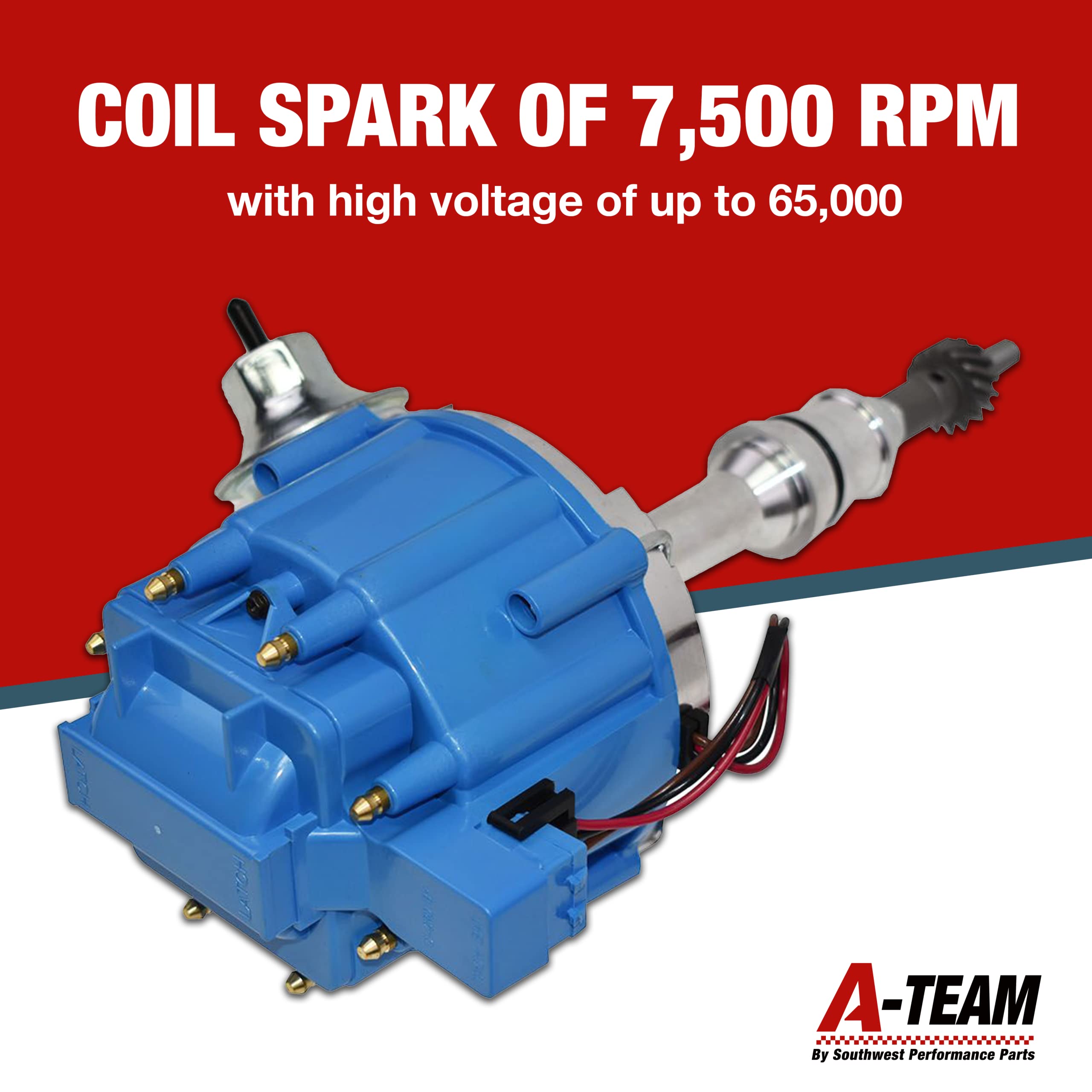 A-Team Performance HEI Complete Distributor 65K Coil, 8 Cylinders, Small Block Compatible With Ford 260 289 302 5.0 V8 One-Wire Installation, Blue Cap