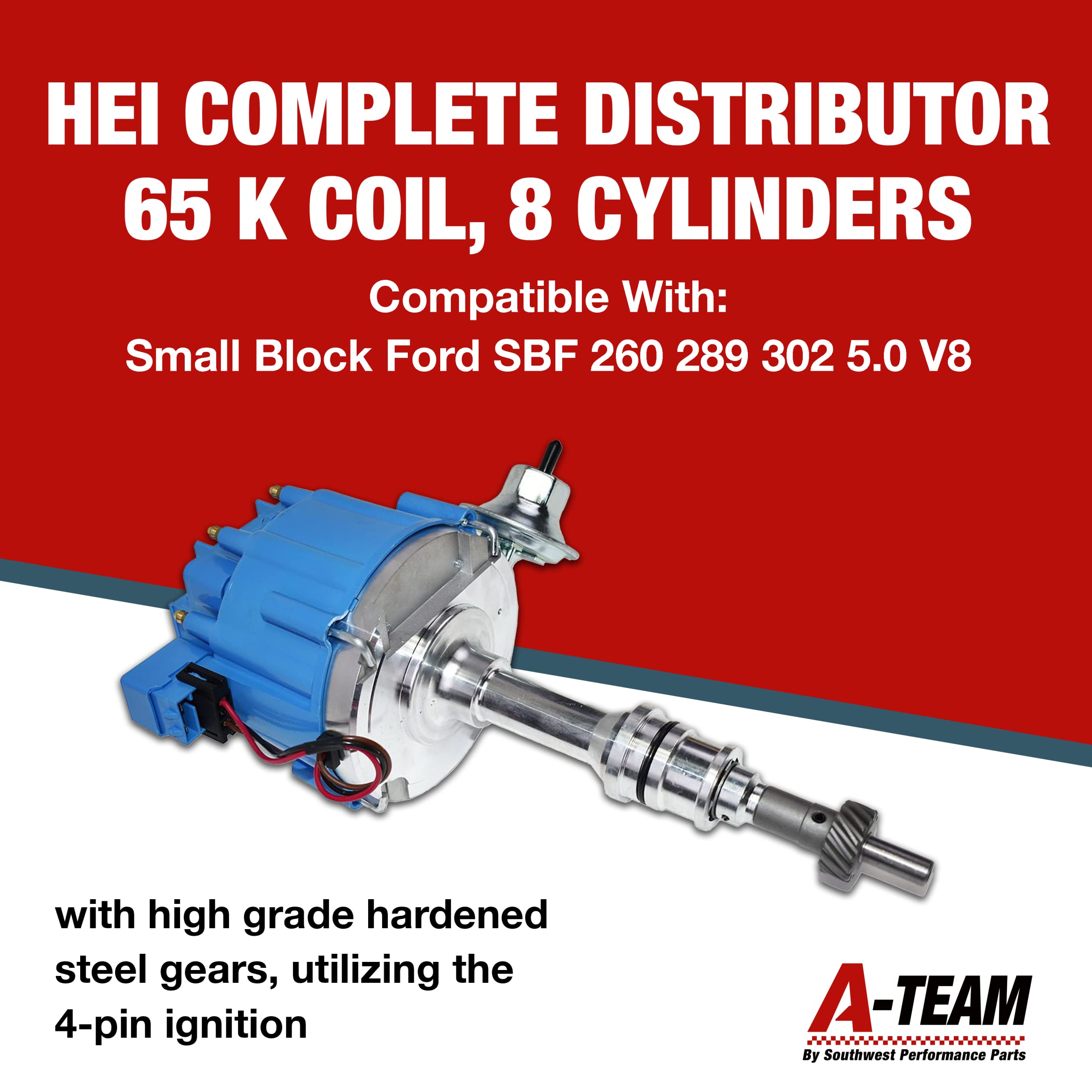 A-Team Performance HEI Complete Distributor 65K Coil, 8 Cylinders, Small Block Compatible With Ford 260 289 302 5.0 V8 One-Wire Installation, Blue Cap