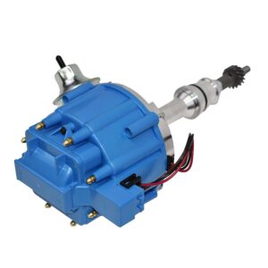 A-Team Performance HEI Complete Distributor 65K Coil, 8 Cylinders, Small Block Compatible With Ford 260 289 302 5.0 V8 One-Wire Installation, Blue Cap