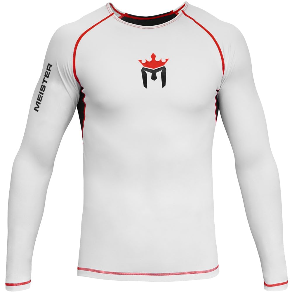 Meister Rush Long-Sleeve Rash Guard for MMA, BJJ & Surfing - White/Red - Medium