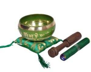 tibetan singing bowl set by dharma store - with traditional design tibetan buddhist prayer flag - handmade in nepal (green)