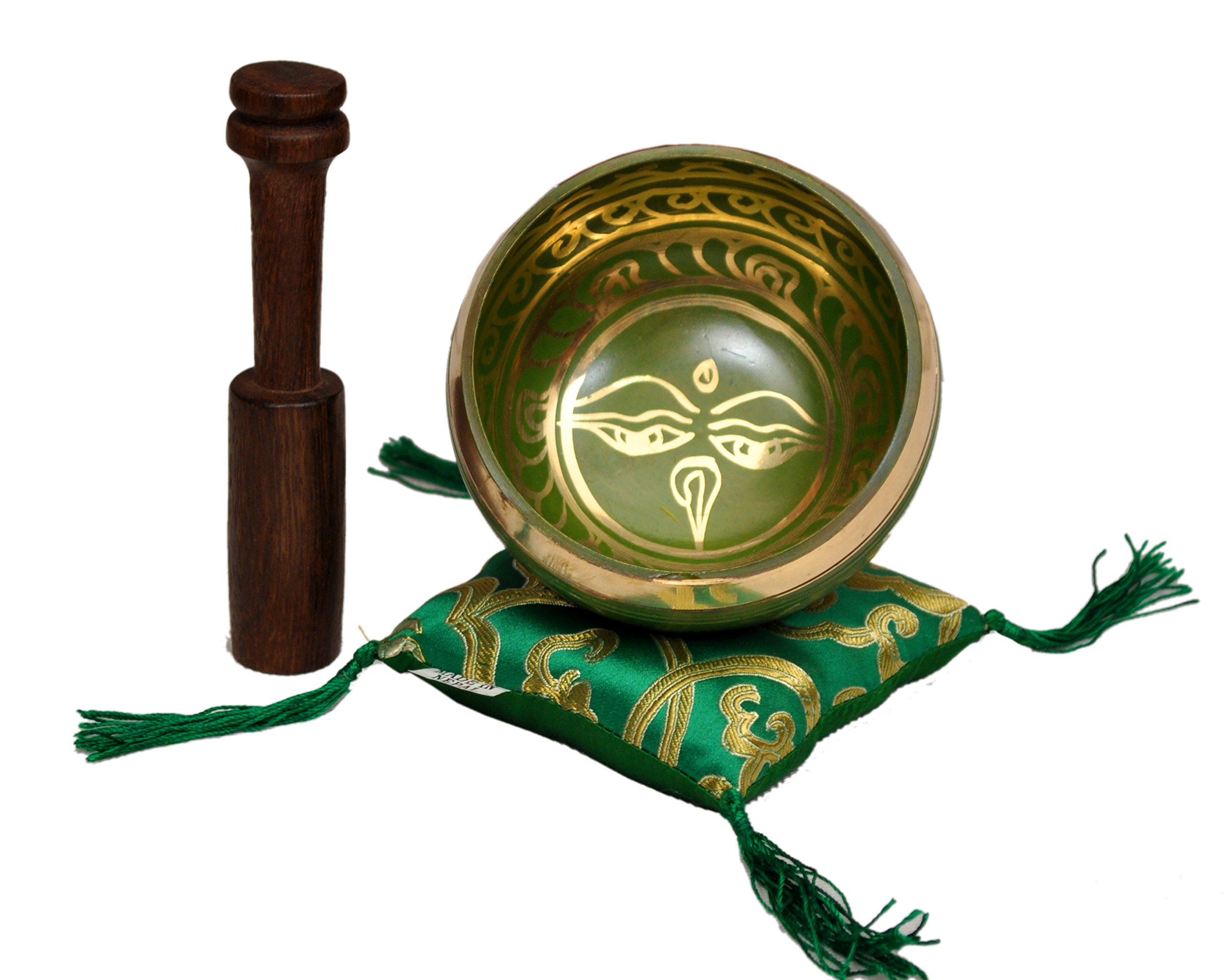 Tibetan Singing Bowl Set By Dharma Store - With Traditional Design Tibetan Buddhist Prayer Flag - Handmade in Nepal (Green)