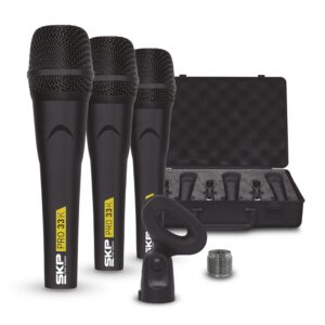 skp pro audio microphone for singing, concerts, studio and events - professional pro-33k dynamic cardioid 3 microphones kit - xlr connectivity - includes mic stand and accessories