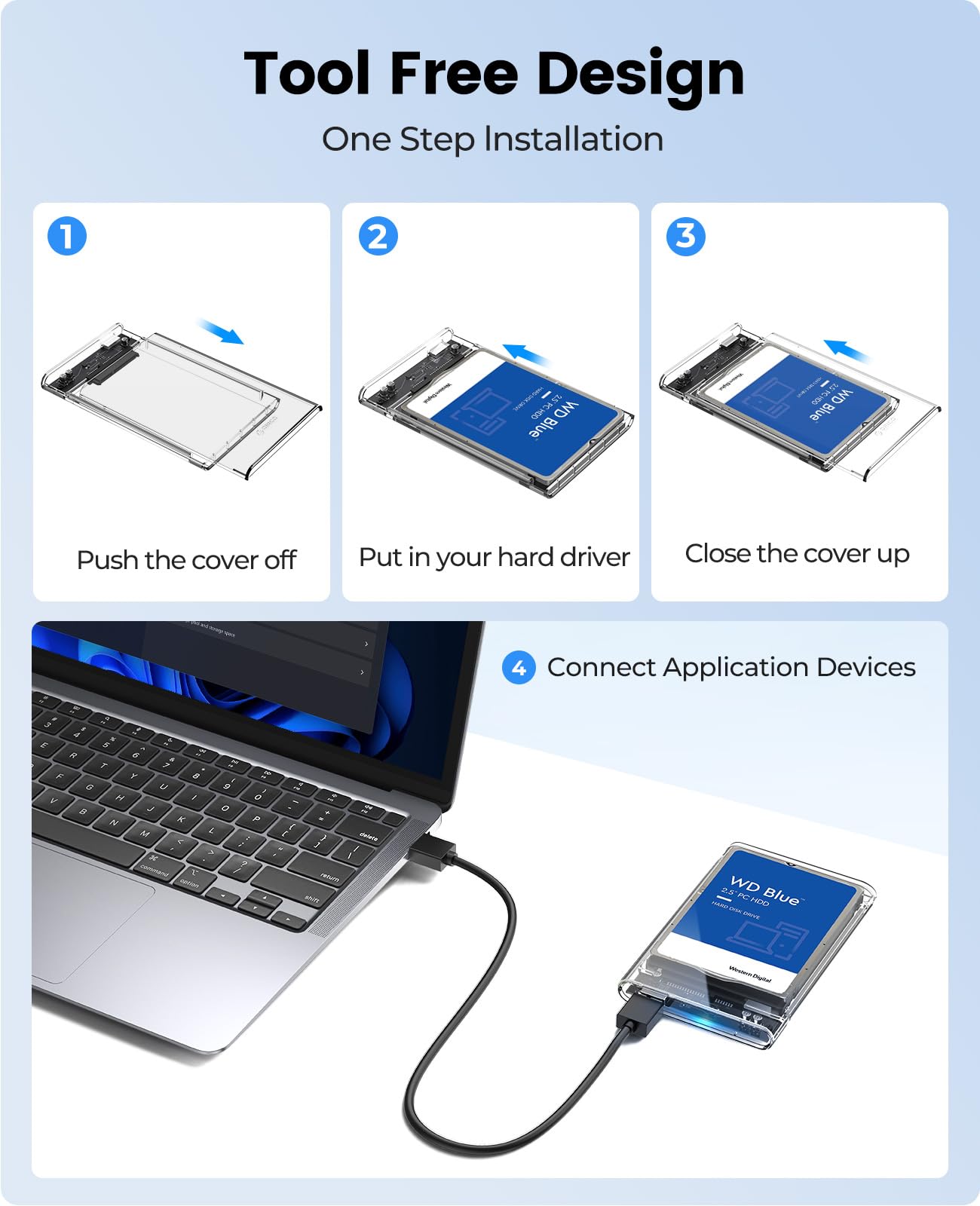 ORICO 2.5'' External Hard Drive Enclosure USB 3.0 to SATA III Tool-Free Clear Hard Disk Case for 2.5 inch 7mm 9.5mm SATA HDD SSD Max 6TB Support UASP(2139U3)