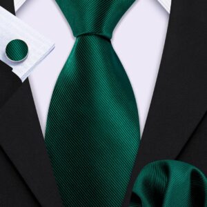 Barry.Wang Emerald Green Man Tie Set Solid Silk Necktie Cufflinks Handerchief Stain Formal St. Patrick's Day