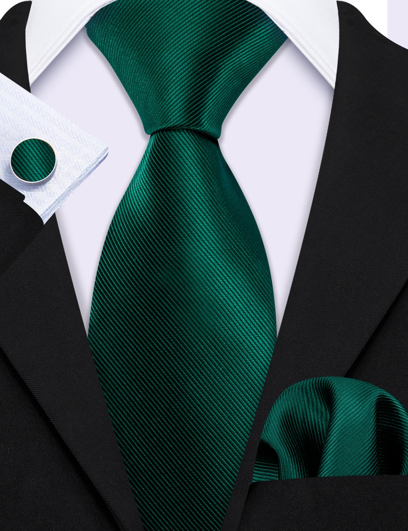 Barry.Wang Emerald Green Man Tie Set Solid Silk Necktie Cufflinks Handerchief Stain Formal St. Patrick's Day