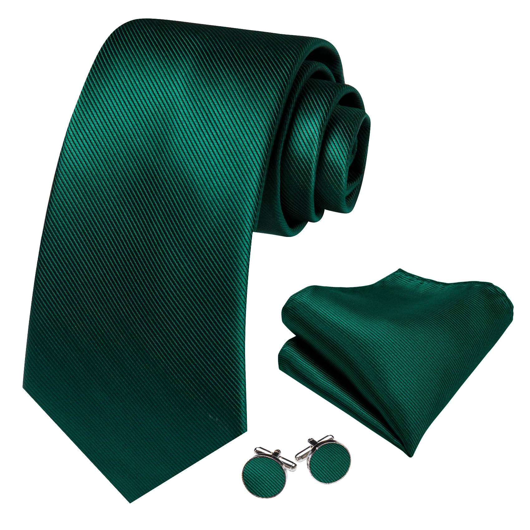 Barry.Wang Emerald Green Man Tie Set Solid Silk Necktie Cufflinks Handerchief Stain Formal St. Patrick's Day