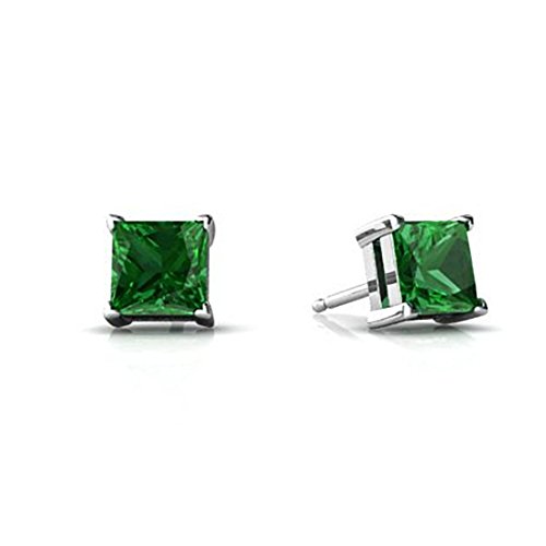 Solitaire Stud Post Earring Princess Cut Square Simulated Green Emerald CZ 925 Sterling Silver