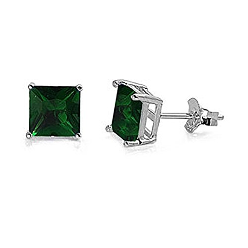 Solitaire Stud Post Earring Princess Cut Square Simulated Green Emerald CZ 925 Sterling Silver