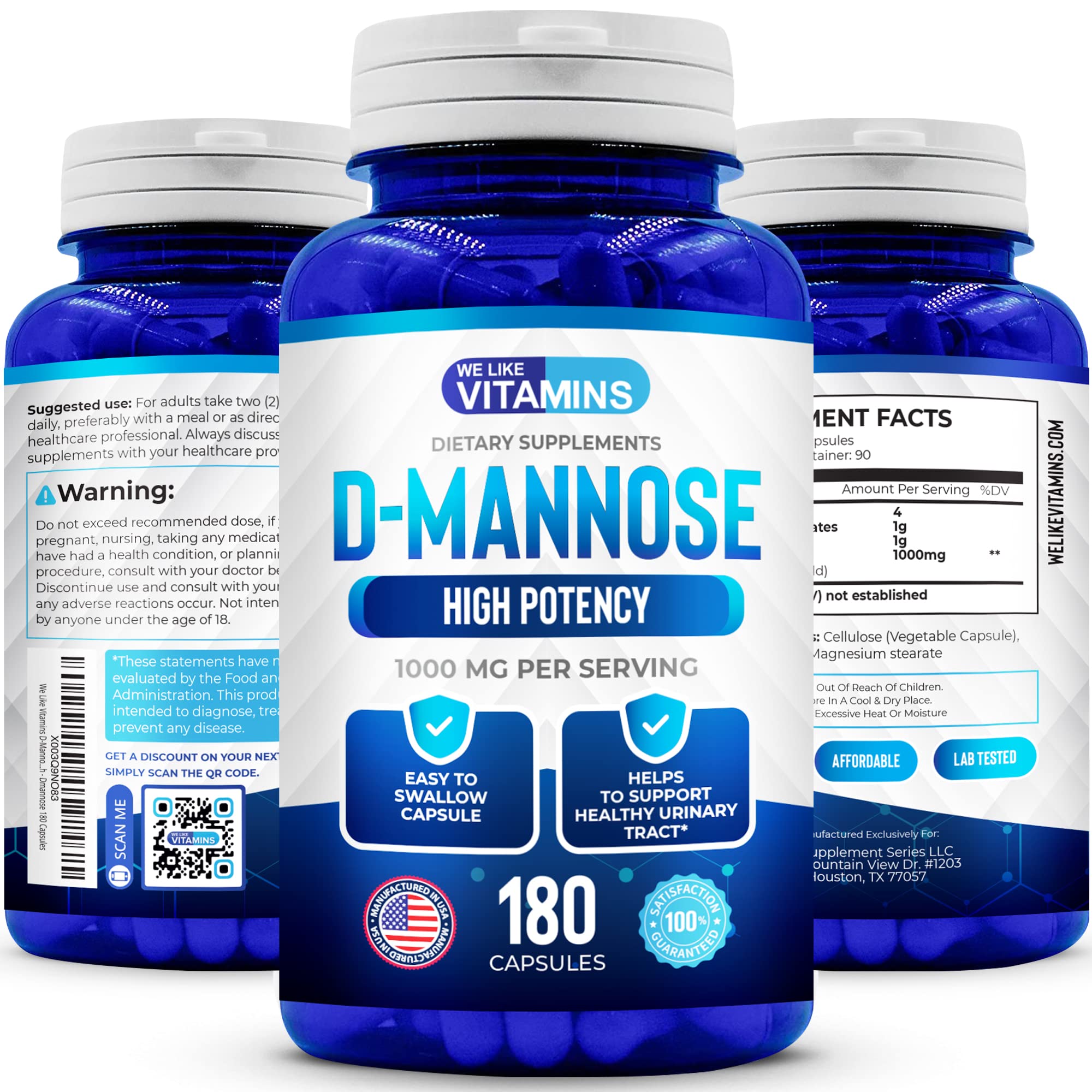 We Like Vitamins D-Mannose Capsules 1000mg per Serving - 180 Easy to Swallow Veggie Capsules - Cranberry D Mannose Supplement Helps Support Bladder and Urinary Tract Health