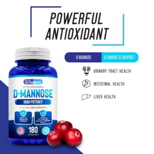 We Like Vitamins D-Mannose Capsules 1000mg per Serving - 180 Easy to Swallow Veggie Capsules - Cranberry D Mannose Supplement Helps Support Bladder and Urinary Tract Health