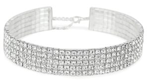 rhinestone choker 5 row silver by luxelife – women’s crystal look necklace with 5 inch extender chain – classic fashion jewelry accessories – matches earrings and bracelets flawlessly