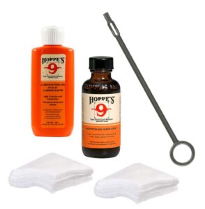 westlake market, hoppes gun cleaning rod with no 9 cleaner, lubricatiing oil, and quality cotton patches for 9mm through .45 caliber