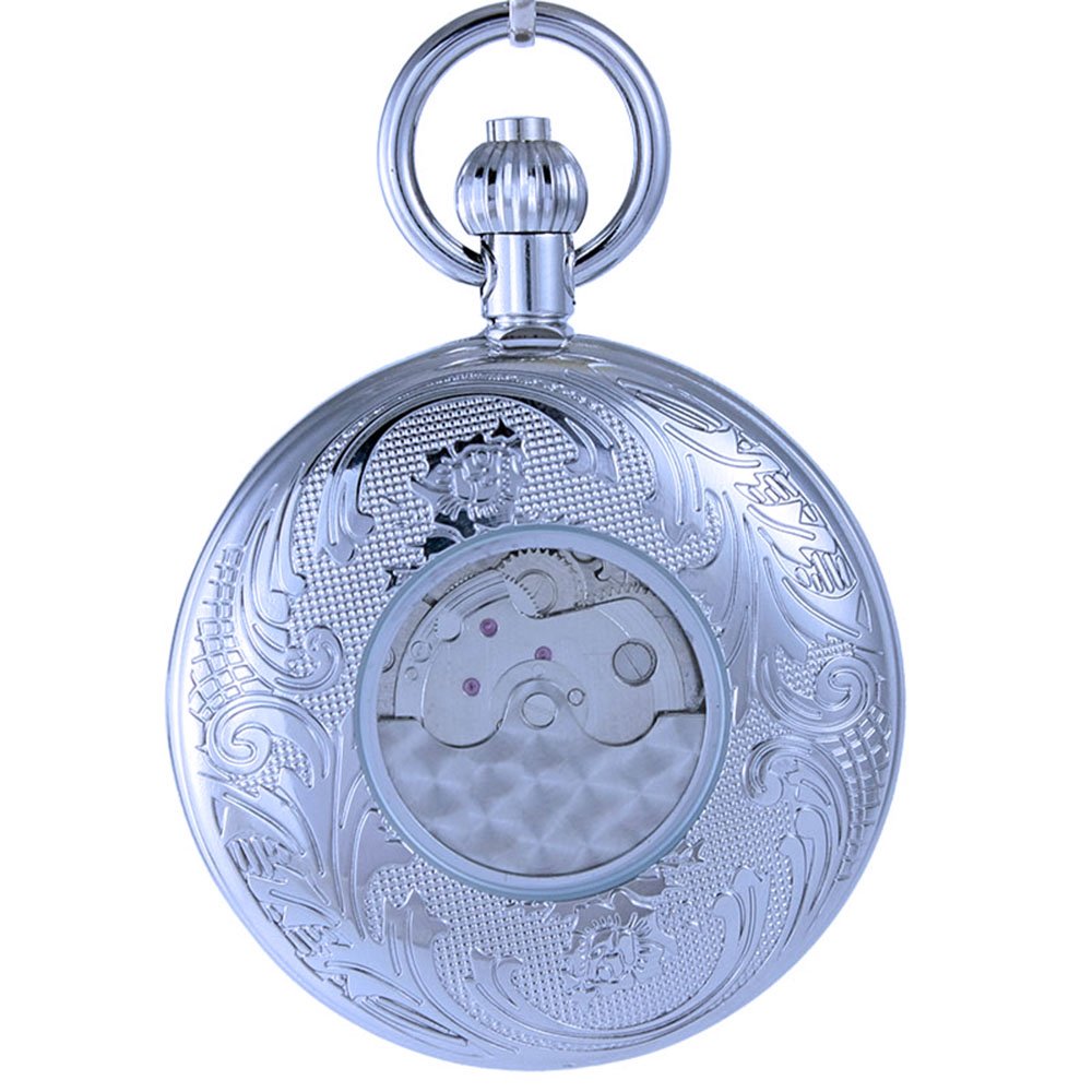 OGLE Waterproof Distorting Mirror Tourbillon Phases Sun Moon Chain Fob Skeleton Automatic Mechanical Pocket Watch (Silver Black)