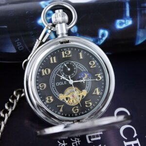 OGLE Waterproof Distorting Mirror Tourbillon Phases Sun Moon Chain Fob Skeleton Automatic Mechanical Pocket Watch (Silver Black)