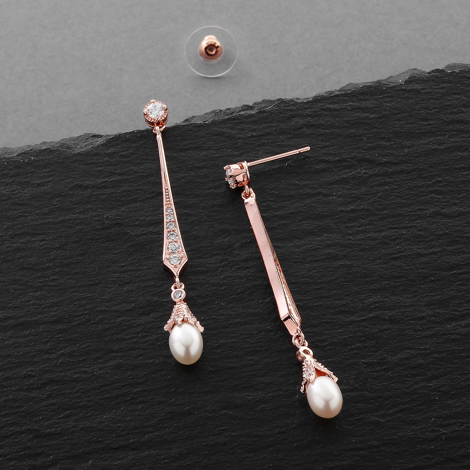 Mariell Rose Gold Freshwater Pearl Cubic Zirconia Dangle Earring for Brides, Wedding, Birthday Gift