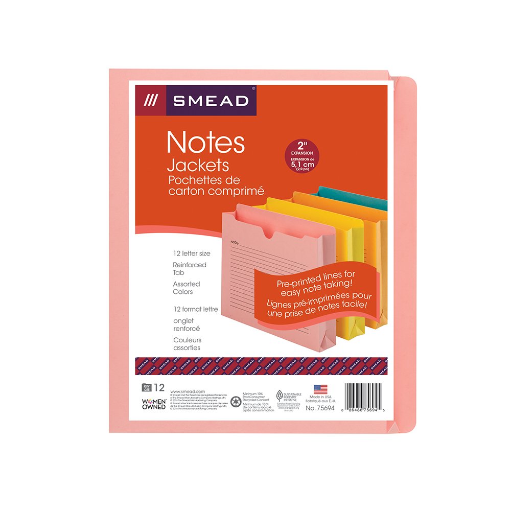 Smead Notes File Jacket, Letter Size, Straight-Cut Tab, 2” Expansion, Assorted Colors, 12 per Pack (75694)