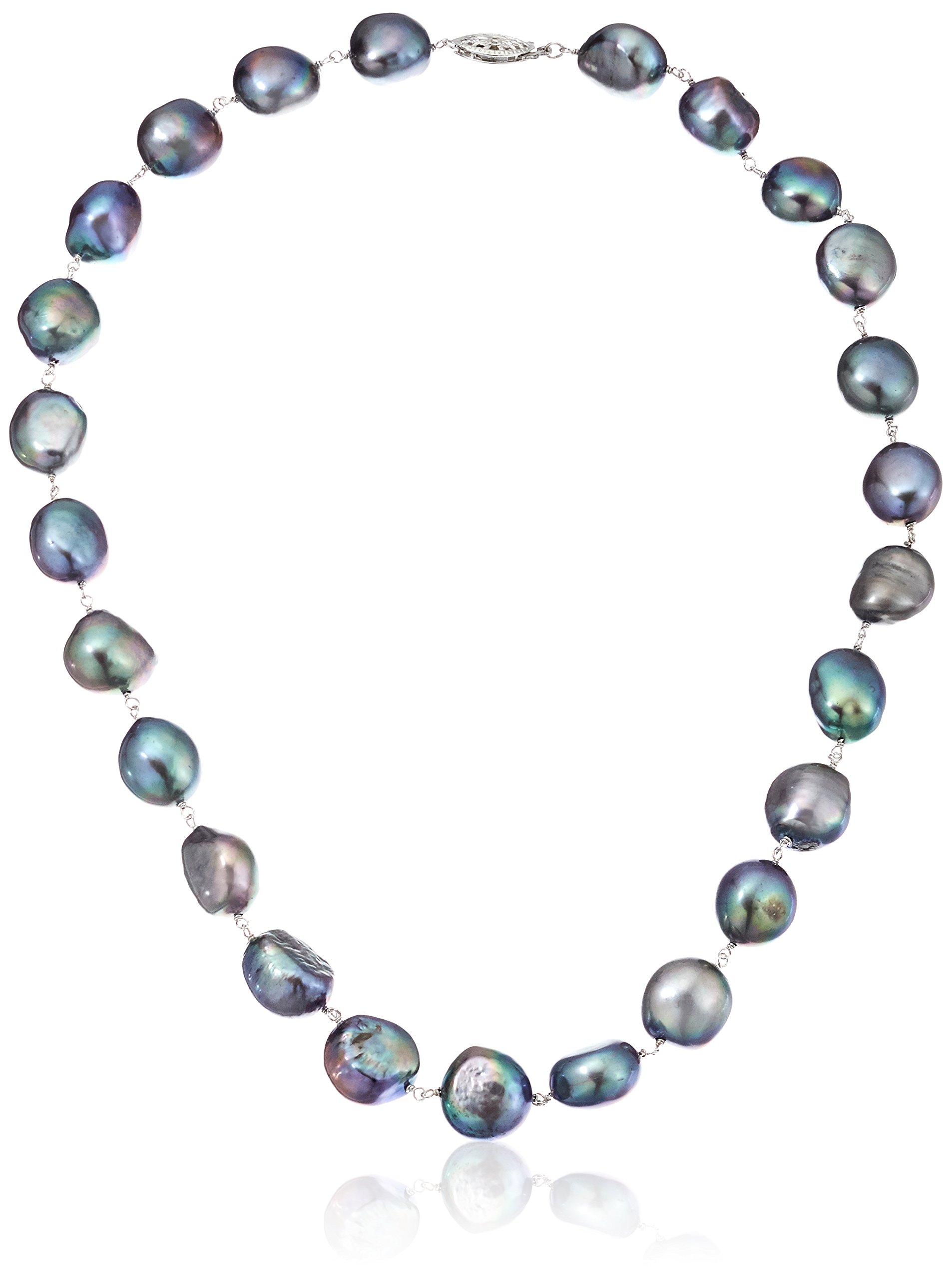 Sterling Silver 11-11.5mm Dyed-Black Baroque Freshwater Cultured Pearl Strand, 18"