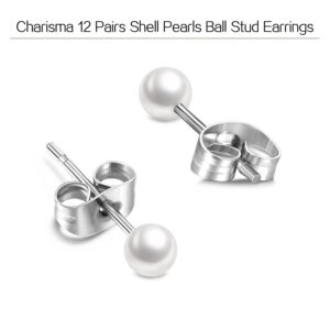 Charisma 4mm Composite Pearl Earrings Round Ball Pearls Stud Earrings Hypoallergenic 12 Pairs Imitation Pearl Earrings Set for Women