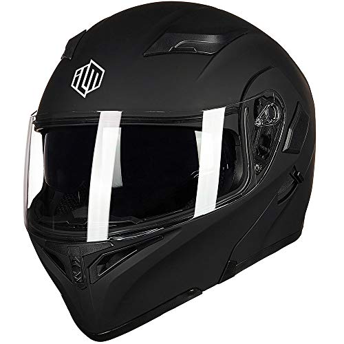 ILM Motorcycle Dual Visor Flip up Modular Full Face Helmet DOT 6 Colors Model 902 (XL, Matte Black)