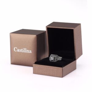 Castillna Black Cubic Zirconia CZ Simulated Diamond Princess Cut Solitaire Halo Bridal Engagement Wedding Rings Sets in Sterling Silver for Women