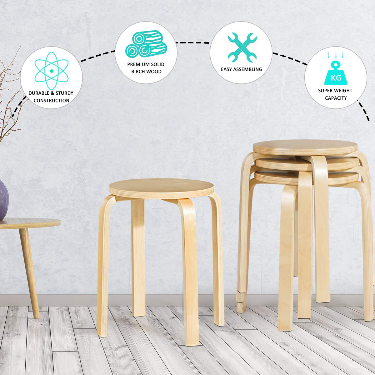 COSTWAY Stackable Bentwood Stools Set of 4, 18-Inch Height Backless Counter Chairs with Round Top, Anti-Slip Felt Pad, Portable School Stool for Dining Room, Kitchen, Classroom, Birch