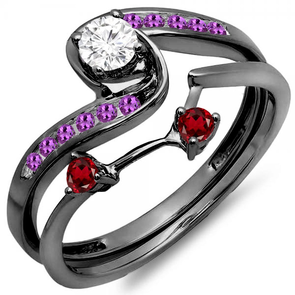 Dazzlingrock Collection Black Rhodium Plated Sterling Silver Round Amethyst, Garnet & Diamond Wedding Ring Set in 925 Sterling Silver, Size 6.5