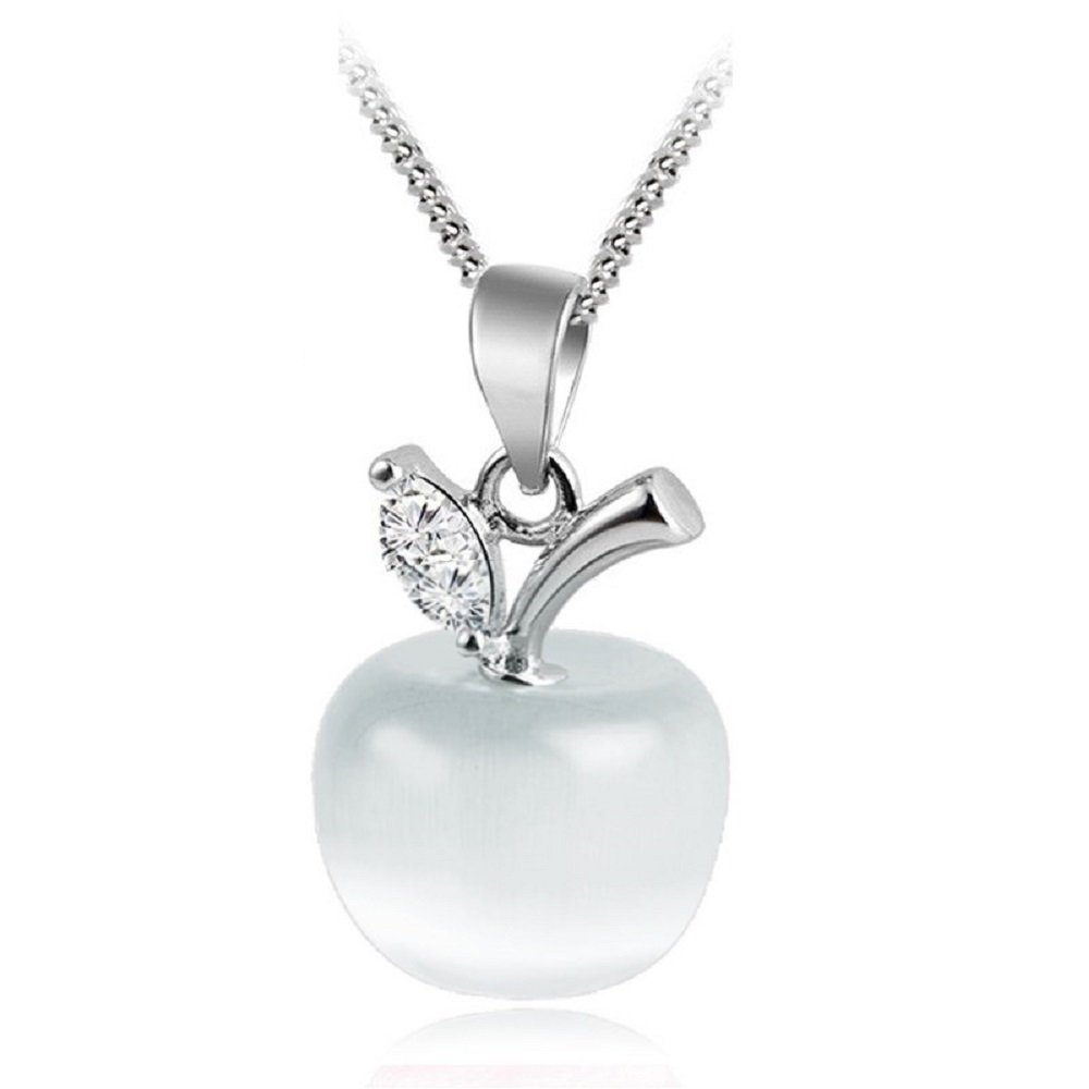 Crystalline Azuria Apple Pendant Necklace with Simulated White Cat Eye Stone 18K White Gold Plated for Women 18 inches