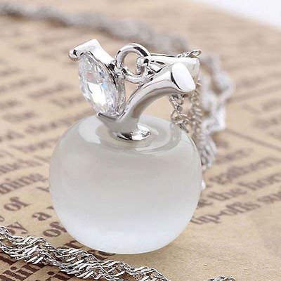 Crystalline Azuria Apple Pendant Necklace with Simulated White Cat Eye Stone 18K White Gold Plated for Women 18 inches