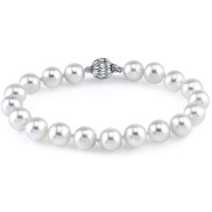 The Pearl Source 14K Gold 7-8mm AAA Quality Round White Freshwater Cultured Pearl Bracelet for Women