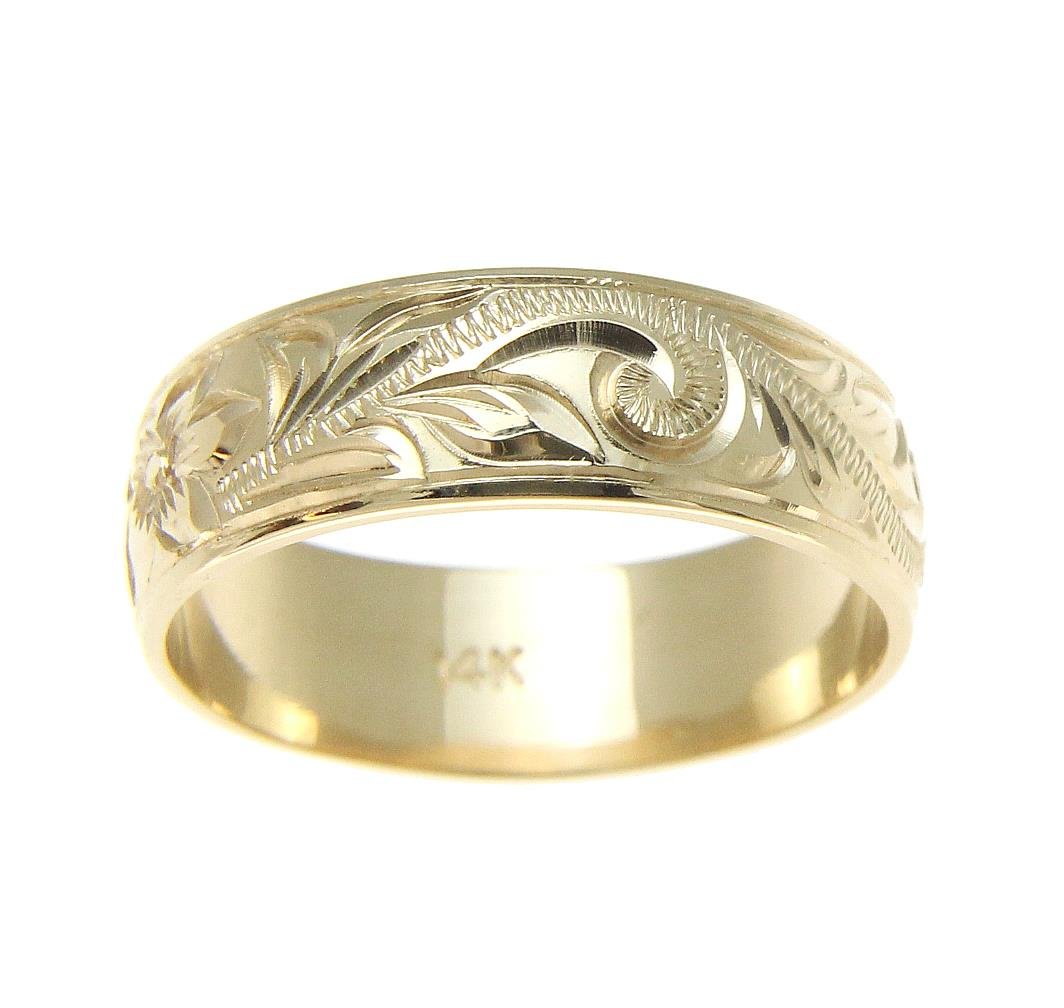 Arthur's Jewelry 14K yellow gold hand engraved Hawaiian plumeria scroll band ring smooth edge 6mm size 7