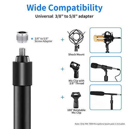 NEEWER NW-7000 Microphone Boom Arm, 3 Section Extendable Handheld Mic Arm with 3/8" & 3/8" to 5/8" Screw Adapter, 3ft to 8ft Adjustable Length,Auxiliary