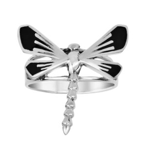 CUTE! Dragonfly Wings Inlay Reconstructed Black Onyx .925 Sterling Silver Ring (9)