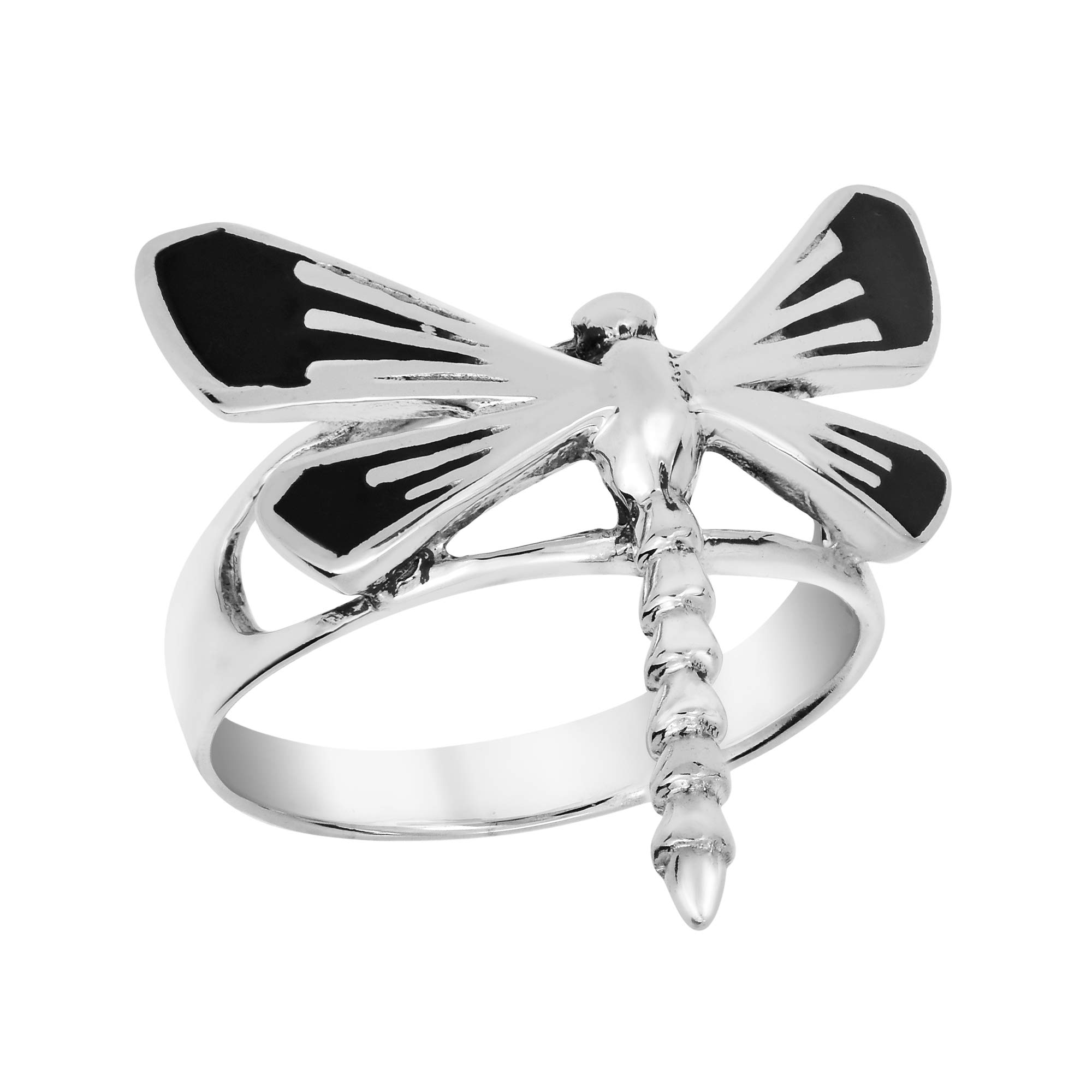 CUTE! Dragonfly Wings Inlay Reconstructed Black Onyx .925 Sterling Silver Ring (9)