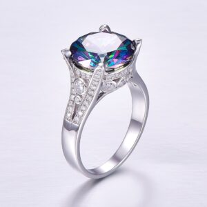 Merthus 12x12mm Round Simulated Mystic Rainbow Topaz 925 Sterling Silver Big Stone Chunky Cocktail Ring for Women Size 7