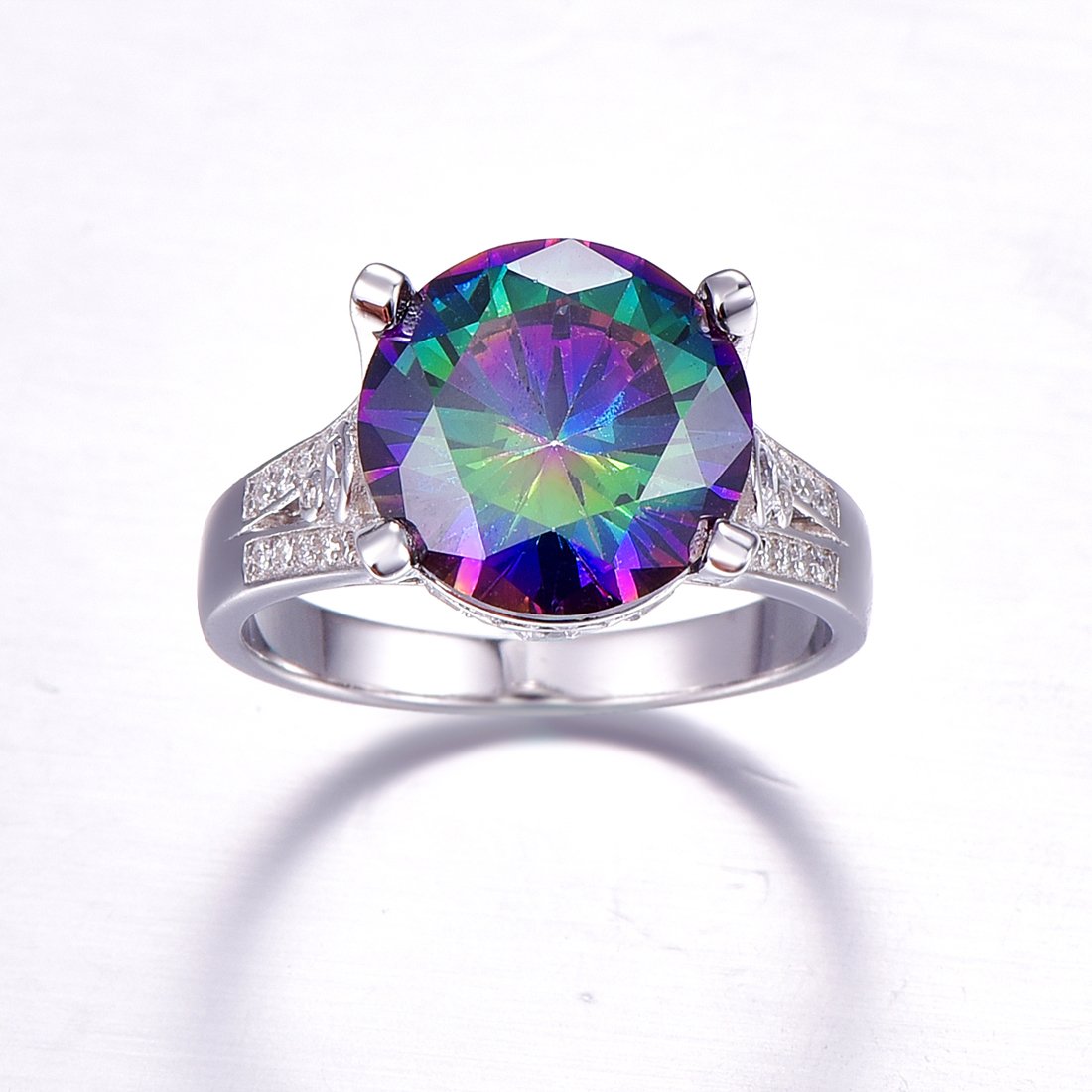 Merthus 12x12mm Round Simulated Mystic Rainbow Topaz 925 Sterling Silver Big Stone Chunky Cocktail Ring for Women Size 7