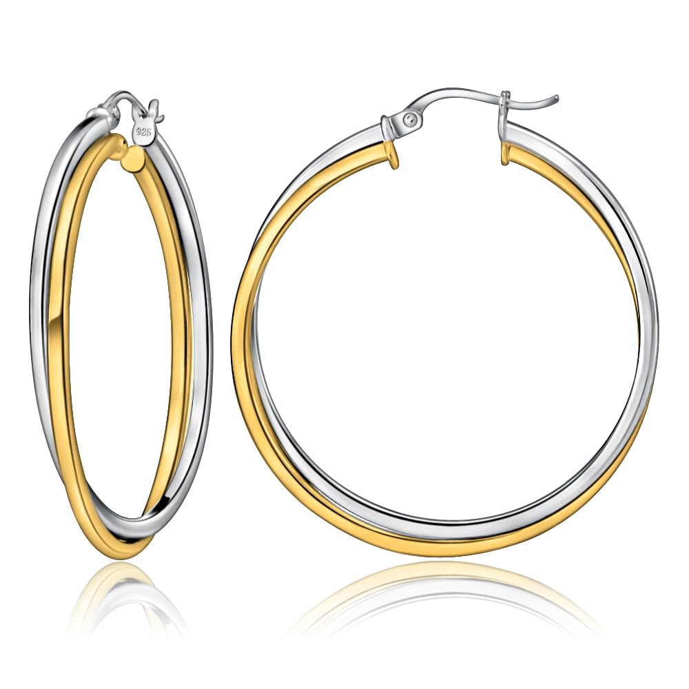 Sterling Silver Two-Tone Square-Tube Double Twisted 47mm Round Hoop Earrings