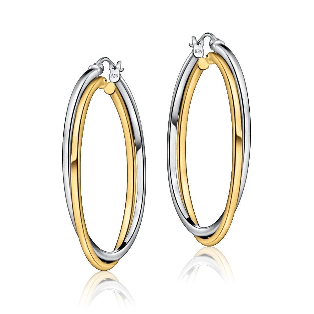 Sterling Silver Two-Tone Square-Tube Double Twisted 47mm Round Hoop Earrings