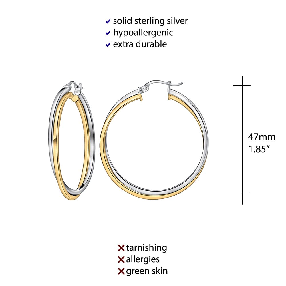 Sterling Silver Two-Tone Square-Tube Double Twisted 47mm Round Hoop Earrings