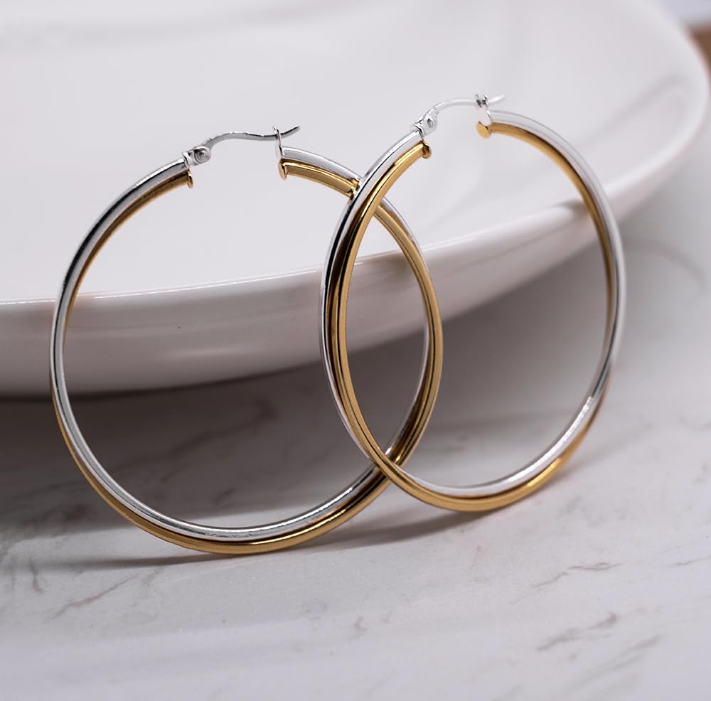 Sterling Silver Two-Tone Square-Tube Double Twisted 47mm Round Hoop Earrings