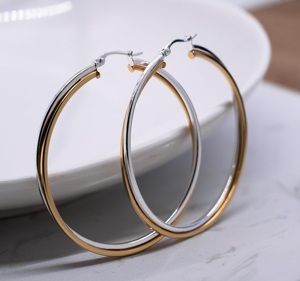 Sterling Silver Two-Tone Square-Tube Double Twisted 47mm Round Hoop Earrings