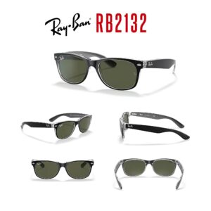 Ray-Ban RB2132 NEW WAYFARER Square Sunglasses For Men For Women + BUNDLE with Designer iWear Eyewear Kit (Black on Transparent/Crystal Lens G-15 Green)